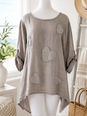 Beyond Capri Made in Italy Linen Tunic Taupe Sequin Heart One Size